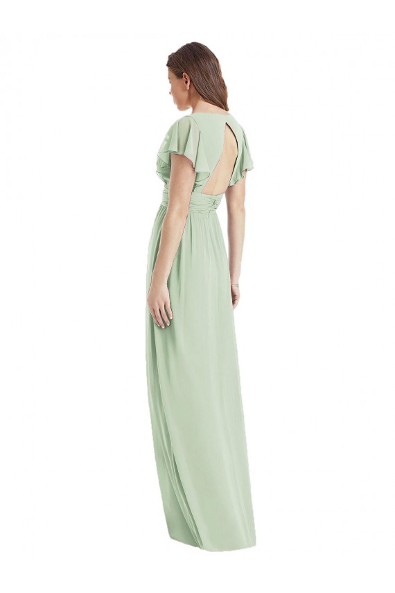 Vendeurs de Vert Sauge Trompette Col V Mousseline Longue Robes demoiselle d'honneur