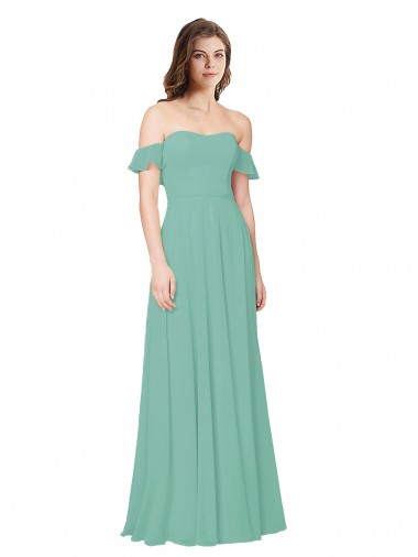 Vendeurs de Vert de jade Trapèze Épaule Dénudée Mousseline Longue Robes demoiselle d'honneur
