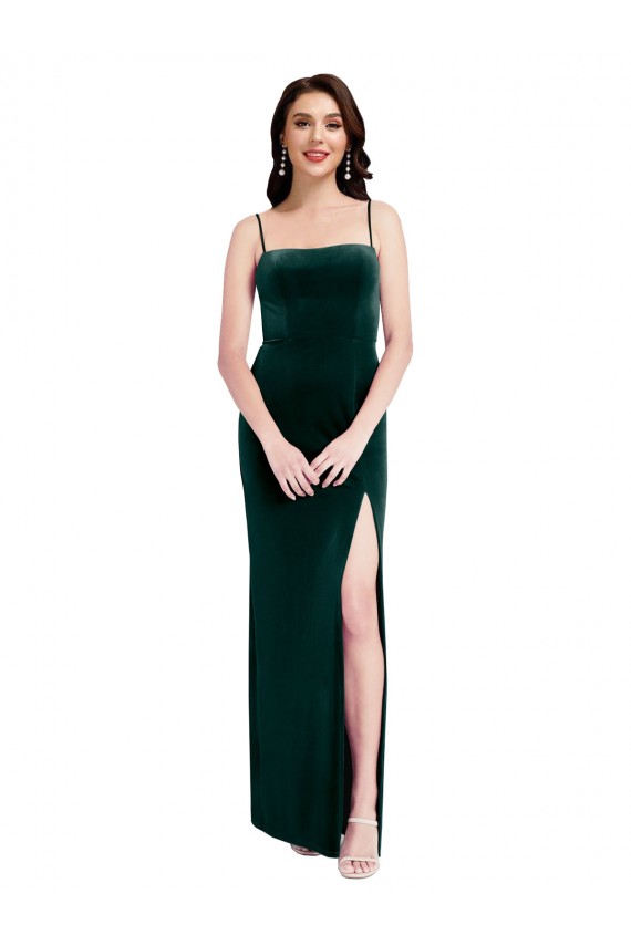 Vendeurs de Vert foncé Fourreau Bretelles spaghetti Col Carré Velours Stretch Longue Robes demoiselle d'honneur / Robes de bal