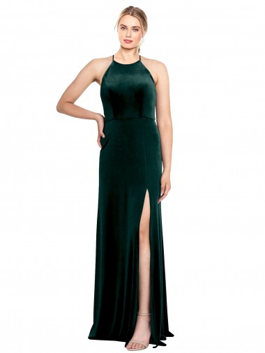 Vendeurs de Vert foncé Trapèze Bretelles spaghetti Col bijou Velours Stretch Longue Robes demoiselle d'honneur / Robes de bal