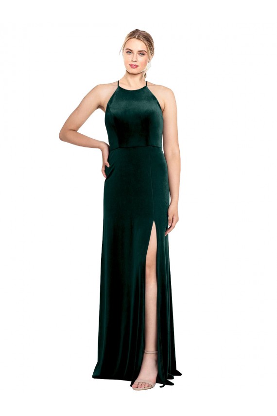 Vendeurs de Vert foncé Trapèze Bretelles spaghetti Col bijou Velours Stretch Longue Robes demoiselle d'honneur / Robes de bal
