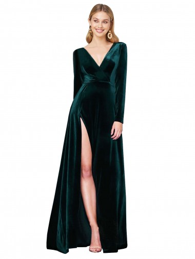 Vendeurs de Vert foncé Trapèze Col V Balayage train Velours Stretch Longue Formelles Robes demoiselle d'honneur / Robes de soirée / Robes de bal