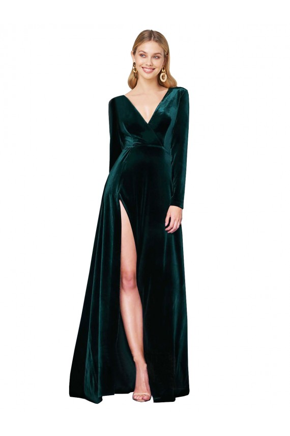 Vendeurs de Vert foncé Trapèze Col V Balayage train Velours Stretch Longue Formelles Robes demoiselle d'honneur / Robes de soirée / Robes de bal