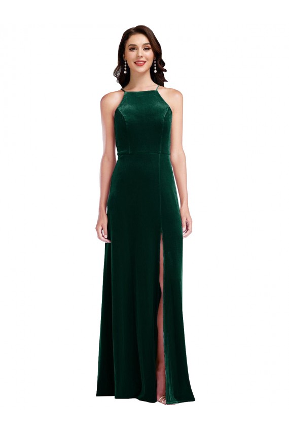 Vendeurs de Vert foncé Trapèze Licou Col Haut Velours Stretch Longue Robes demoiselle d'honneur / Robes de bal