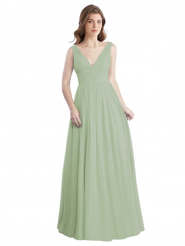 Vendeurs de Vert fumée Trapèze Col V Mousseline Longue Robes demoiselle d'honneur