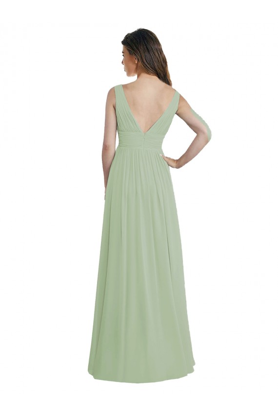 Vendeurs de Vert fumée Trapèze Col V Mousseline Longue Robes demoiselle d'honneur