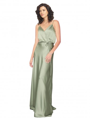 Vendeurs de Vert fumée Trapèze Col V Satiné Soyeux Longue Formelles Robes demoiselle d'honneur / Robes de soirée