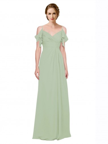 Vendeurs de Vert fumée Trapèze Épaule Dénudée Bretelles spaghetti Mousseline Longue Robes demoiselle d'honneur