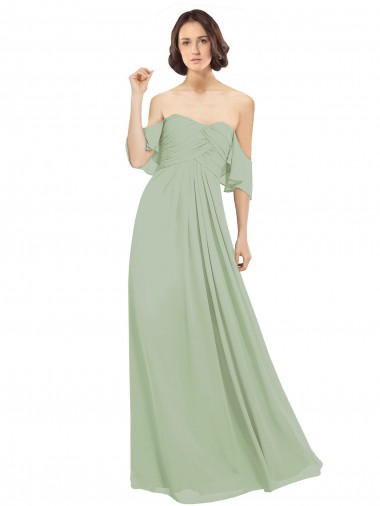 Vendeurs de Vert fumée Trapèze Épaule Dénudée Mousseline Longue Robes demoiselle d'honneur