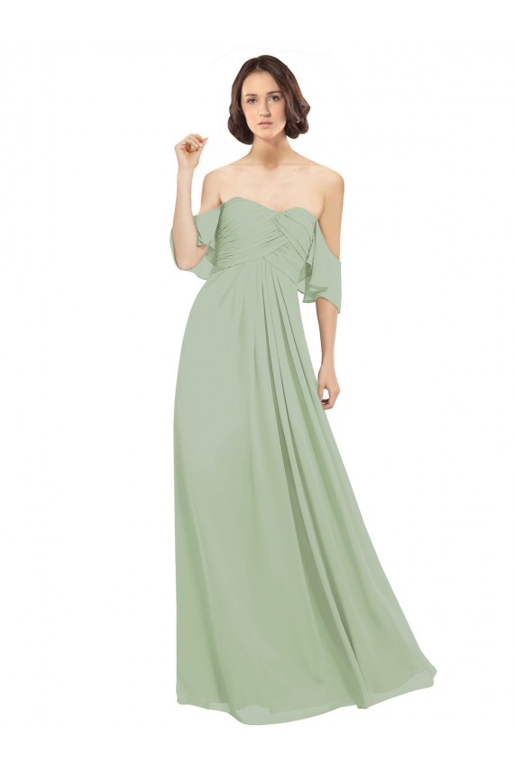 Vendeurs de Vert fumée Trapèze Épaule Dénudée Mousseline Longue Robes demoiselle d'honneur