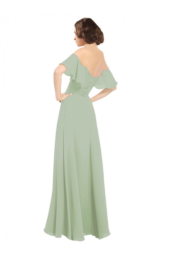Vendeurs de Vert fumée Trapèze Épaule Dénudée Mousseline Longue Robes demoiselle d'honneur