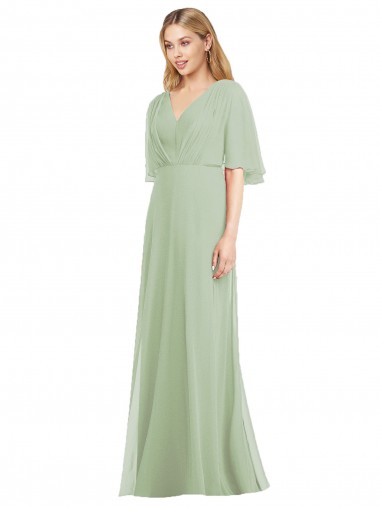 Vendeurs de Vert fumée Trompette Col V Mousseline Longue Robes demoiselle d'honneur