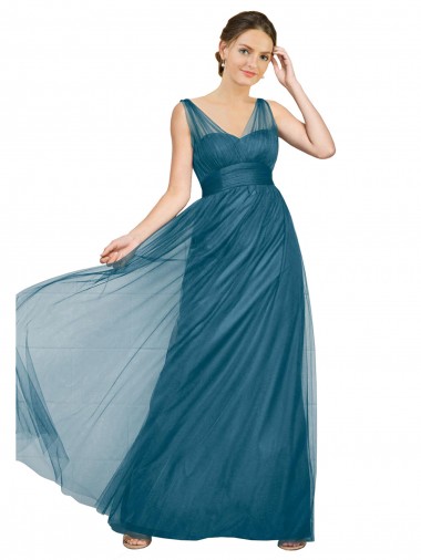 Vendeurs de Vert sarcelle Trapèze Col V Tulle Longue Robes demoiselle d'honneur