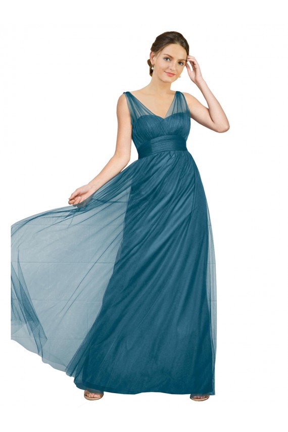 Vendeurs de Vert sarcelle Trapèze Col V Tulle Longue Robes demoiselle d'honneur