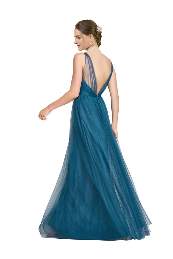 Vendeurs de Vert sarcelle Trapèze Col V Tulle Longue Robes demoiselle d'honneur