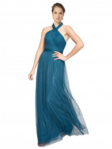 Vendeurs de Vert sarcelle Trapèze Licou Col Haut Tulle Longue Robes demoiselle d'honneur