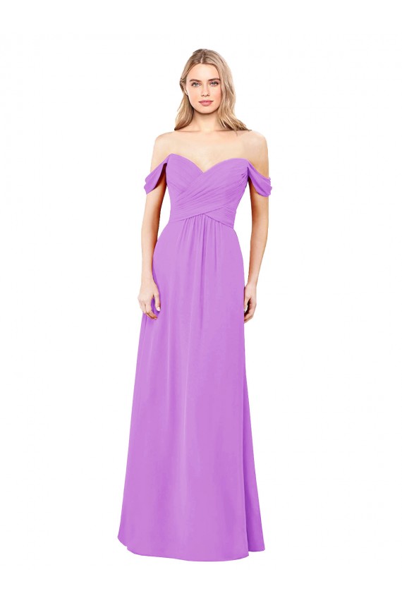 Vendeurs de Violet Trapèze Épaule Dénudée Mousseline Longue Robes demoiselle d'honneur